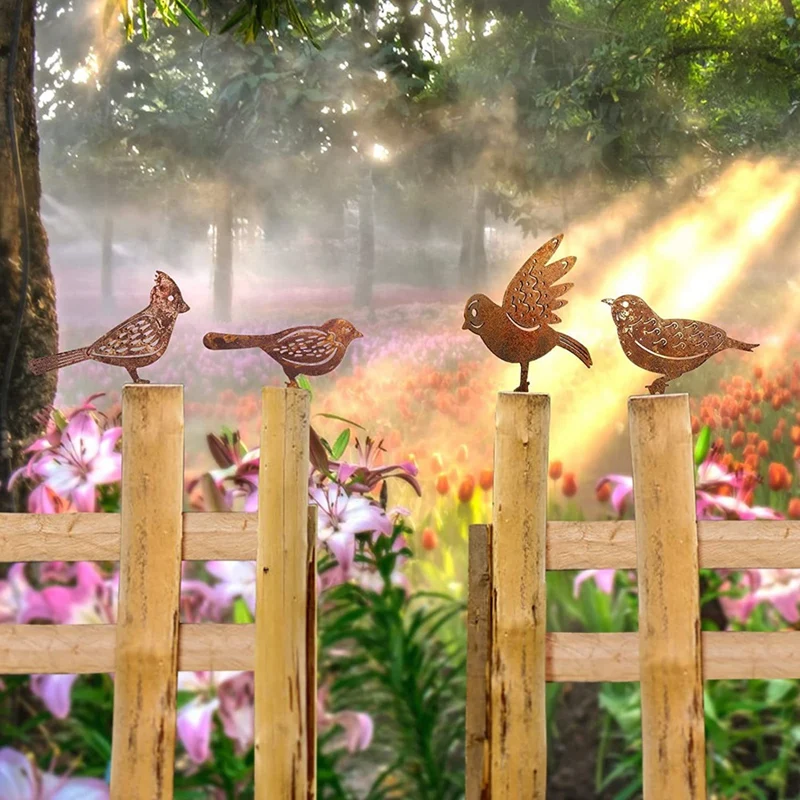 

4 PCS Rusty Metal Bird Silhouettes Metal Yard Decoration Bird Steel Garden Fence Decor Woodpecker Gardening Country Robin Art