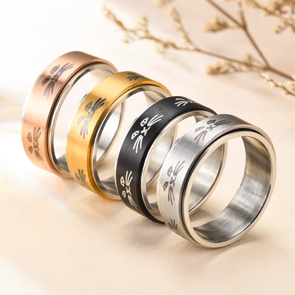 AsJerlya Anxiety Ring Fidget Spinner Rings For Women Men Stainless Steel Rotate Freely Cat Anti Stress Accessories Jewelry 6