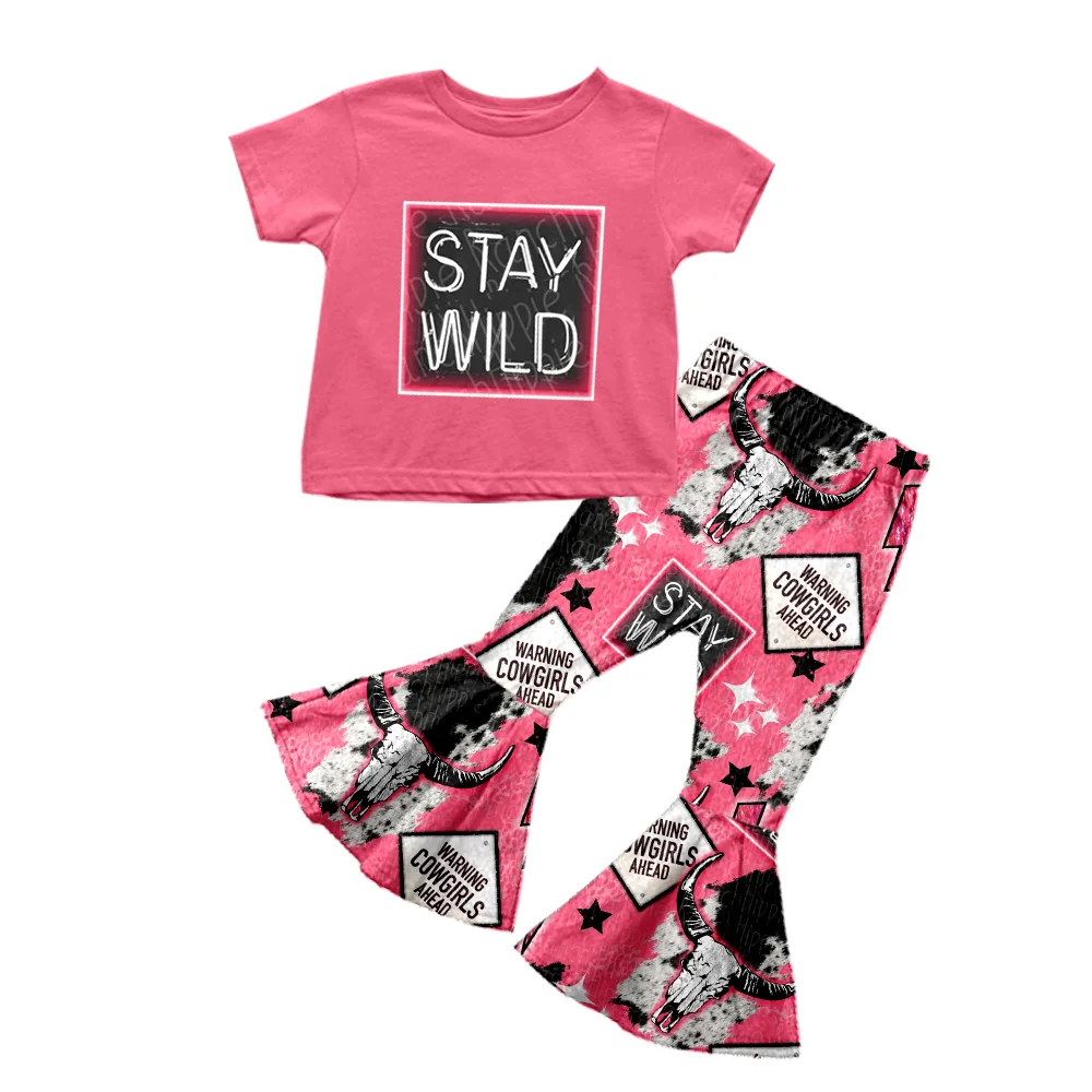 

Wholesale Kids Summer Stay Wild Letter Girls Short Sleeve Highland Cow Western Bell Bottom Pants Outfits