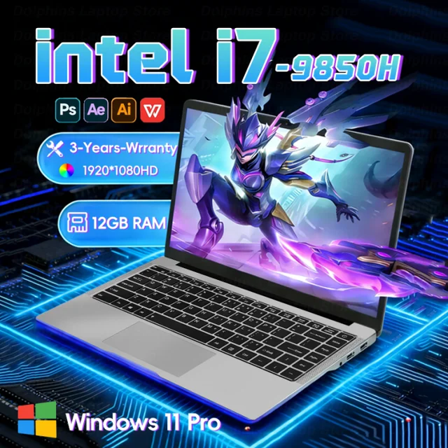 Ordinateur portable Intel Core i7 9850H, 12 Go de RAM, Windows 11 Pro, SSD 1 To, ordinateur de bureau, ordinateur portable gamer, ordinateur portable pour les études, PC 1920*1080 1
