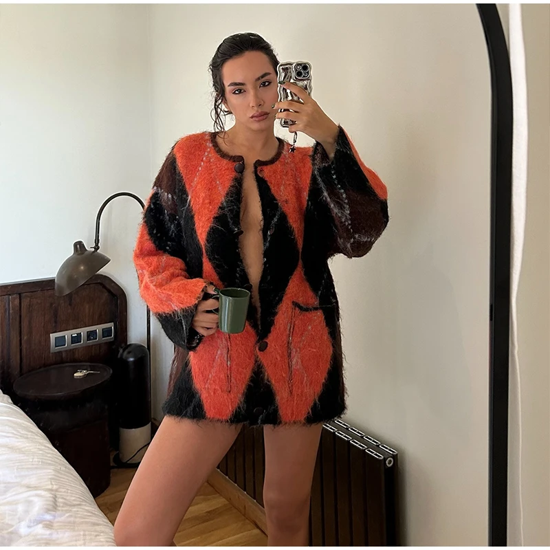 Mohair O-neck Contrast Color Knit Sweater Women Geometry Print Long Sleeve Loose Single-breasted Knitwear Lady All-match Top _