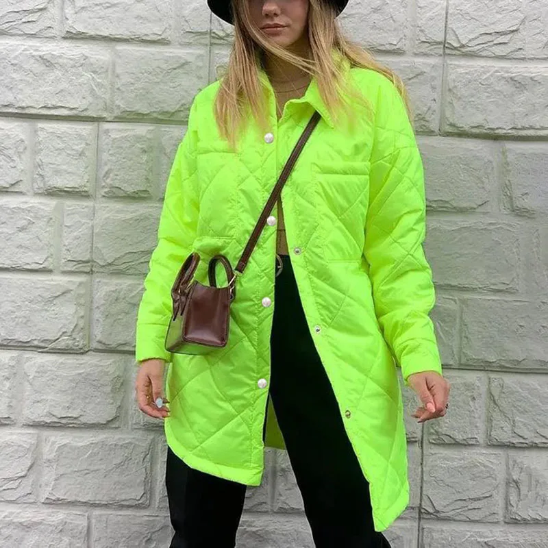 Fashion Cotton Midi Jacket Female Ladies Women Elegant Turn Down Collar Solid Front Buttons Parkas Fashion Simple Argyle Coat