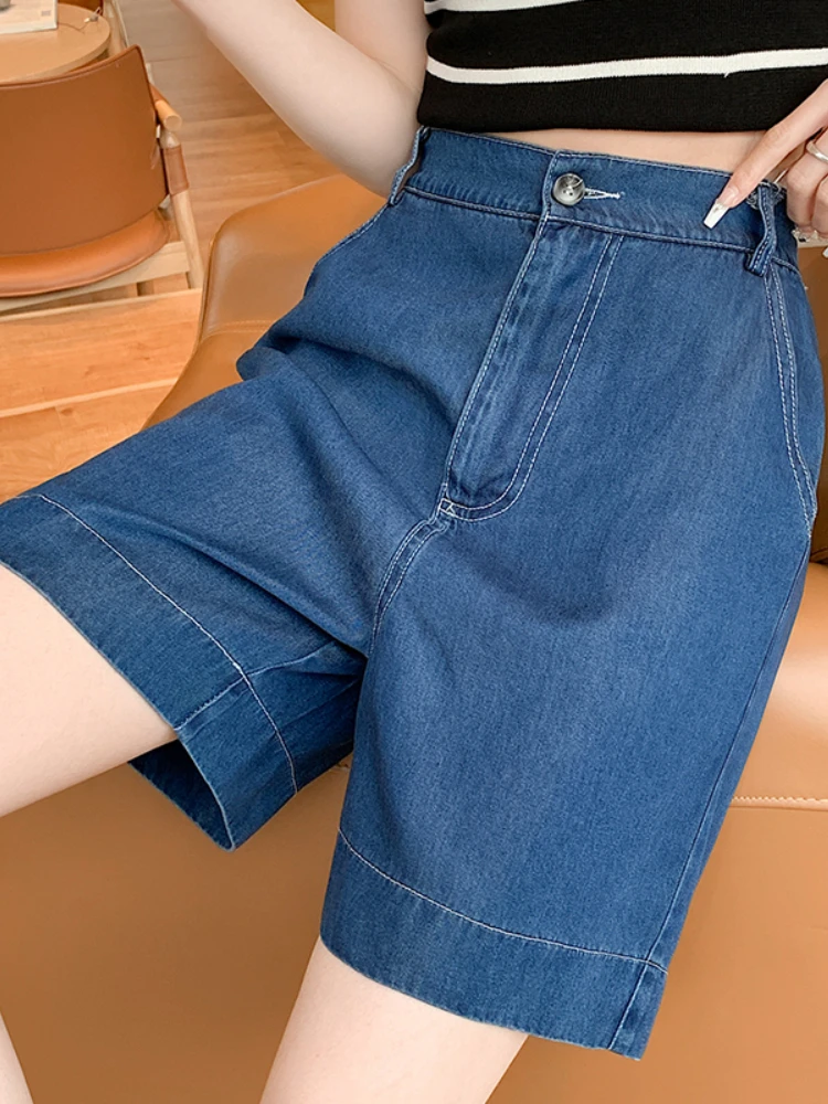 

FTLZZ New Summer Women Vintage High Waist Wide Leg Denim Shorts Lady Fashion Casual Pockets Solid Color Straight Shorts