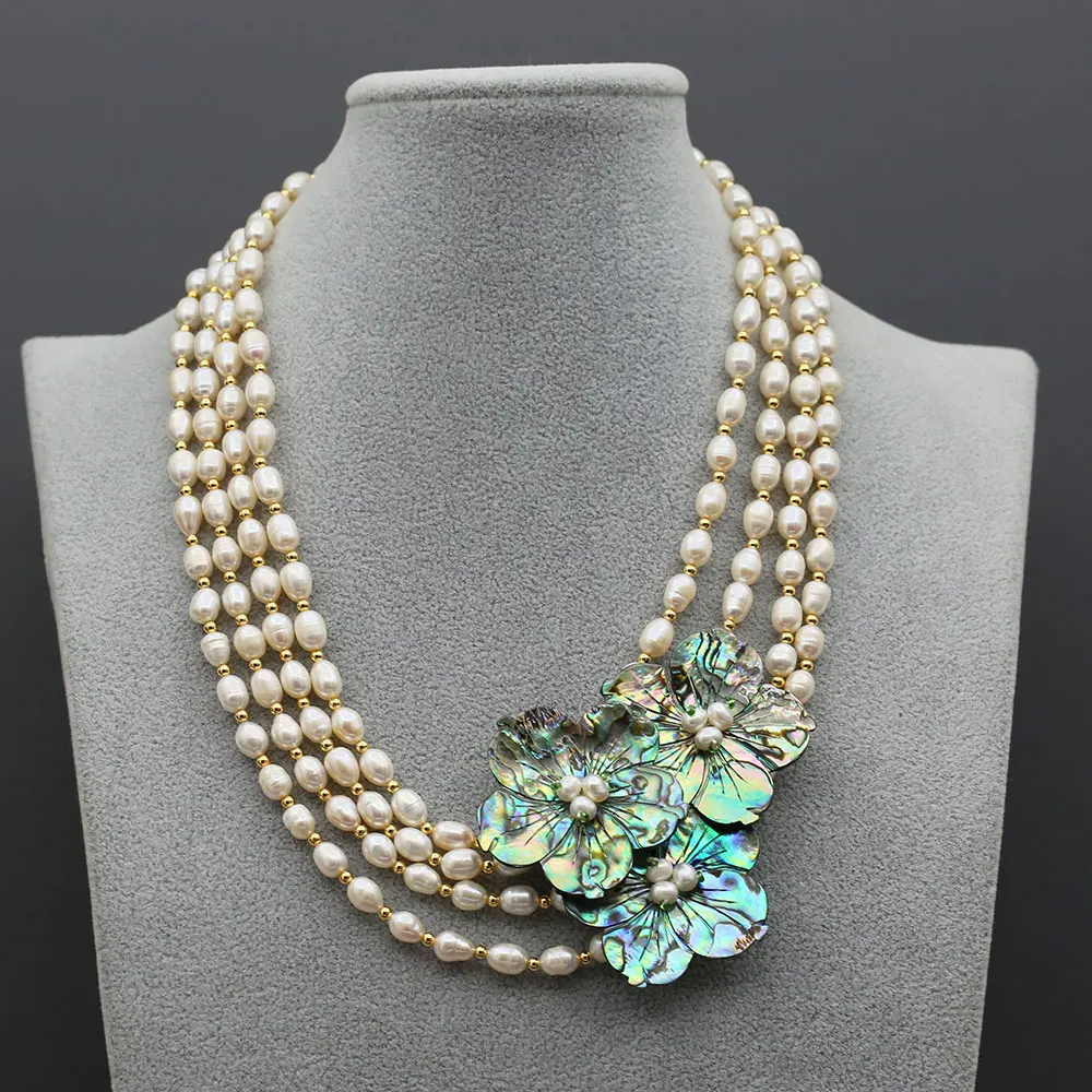 

4 Strands Natural Cultured White Rice Pearl Green Paua Abalone Shell Flower Necklace Bracelet Sets For Lady