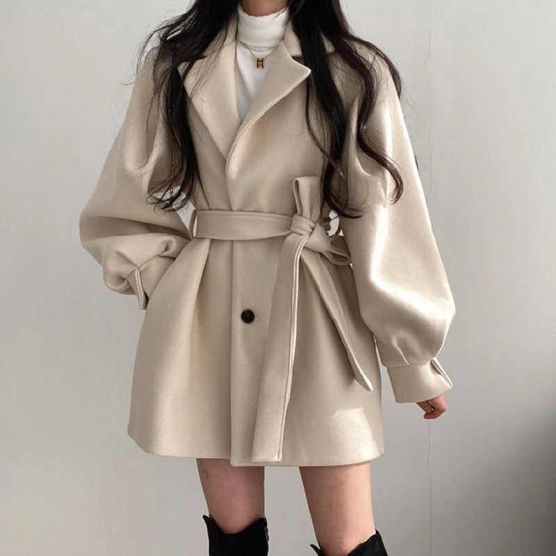 

Women Jacket Solid Wool Blend Coat Slim Fit Belt Coats Female Warm Cotton Thicker V-neck Lady Elegant Trendy Button Outwear Ins