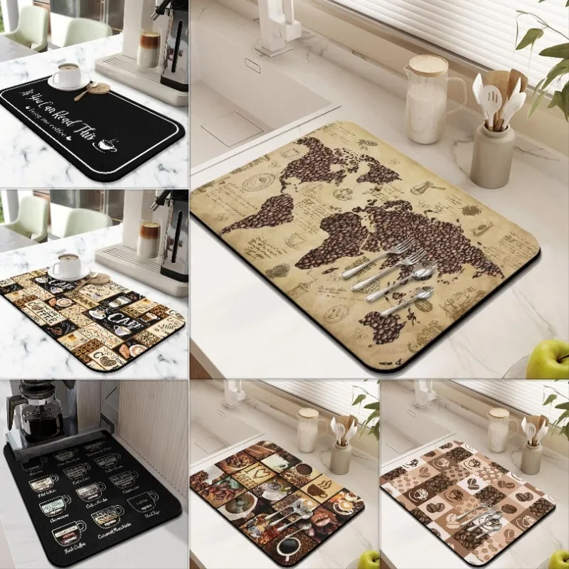 Vintage Nostalgic Coffee Bean World Map Absorbent Quick Clean Slip-Resistant Dish Drying Mat for Kitchen & Coffee Ba