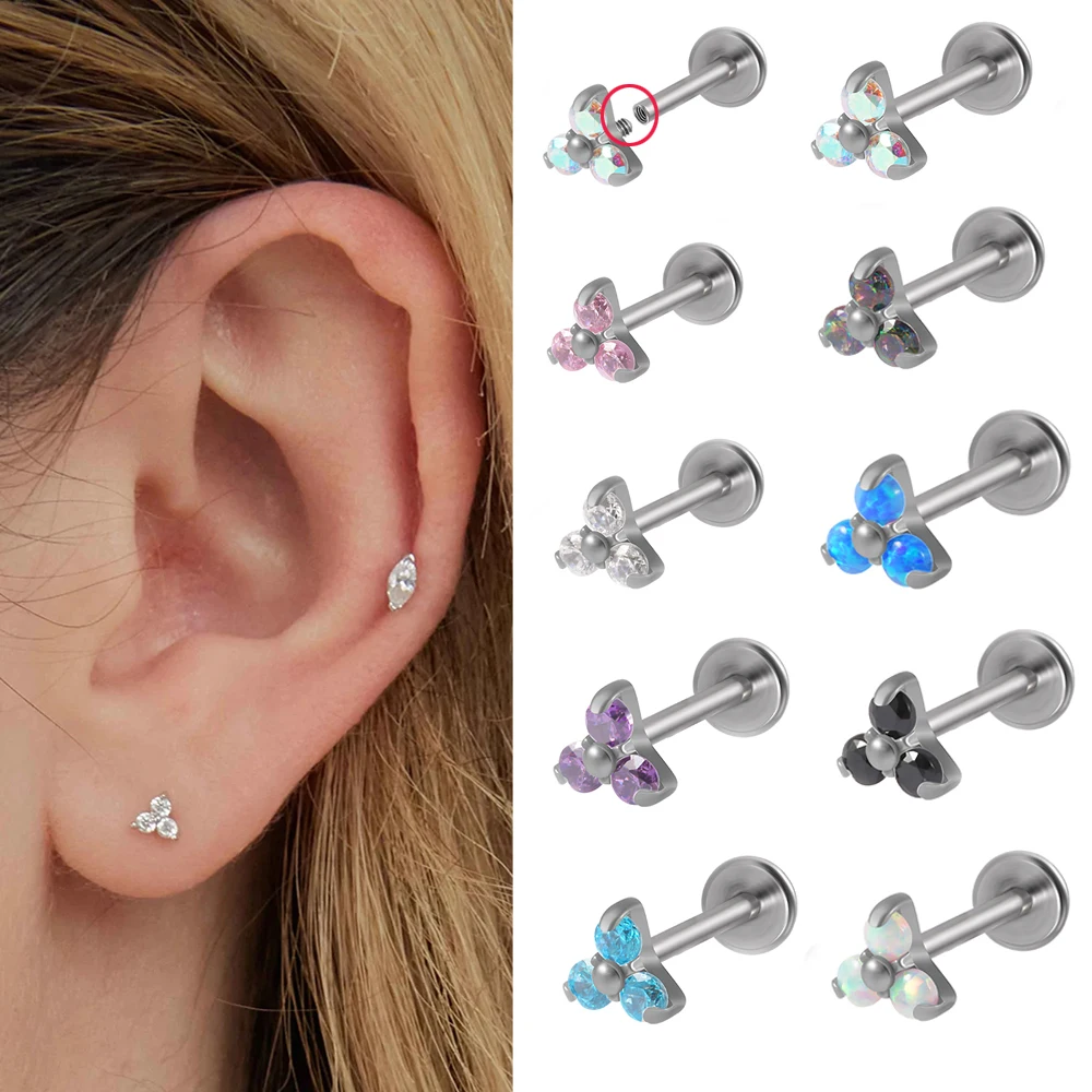 1Pc G23 Titanium Simple Opal Labret Lip Ring Trio Cz Orecchio Filettato Internamente Cartilagine Tragus Helix Daith Piercing Jewelry 16G