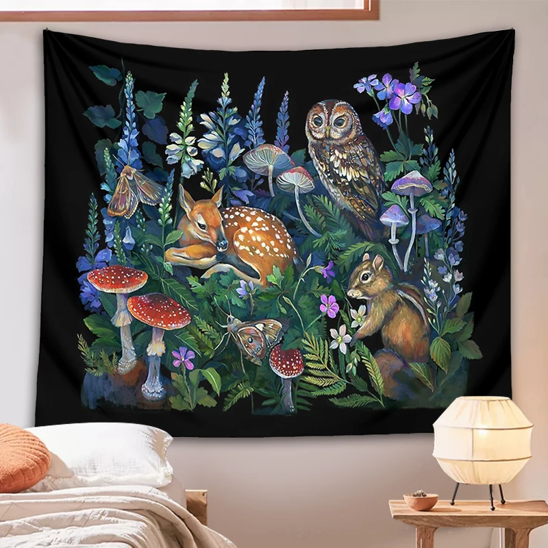 Enchanted Forest Tapestry Wall Hanging Botanical Celestial Mushroom Wild Flower Magic Wall Carpets Dorm Decor Starry Sky Carpet