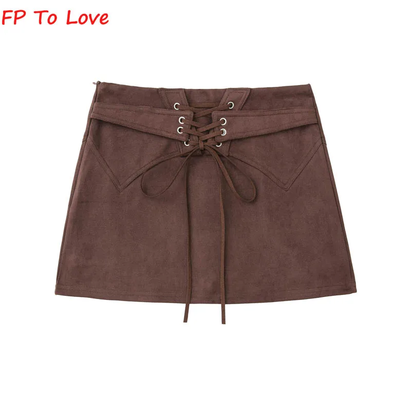 

Мини-юбка женская из искусственной замши, винтажные коричневые шорты на шнуровке, базовая уличная одежда, блогеры