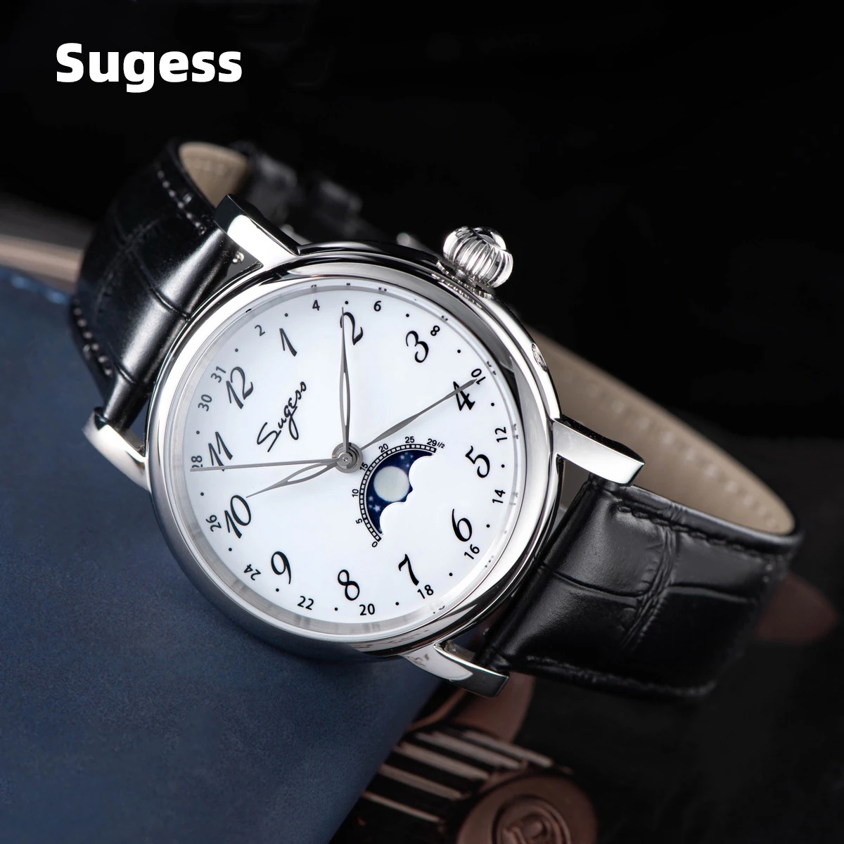 Sugess Orologio Automatico Da Uomo Originale St2108 Movimento Vetro Zaffiro Moonphase Orologi Da Polso Meccanici Luminosi Resistenti All'Acqua