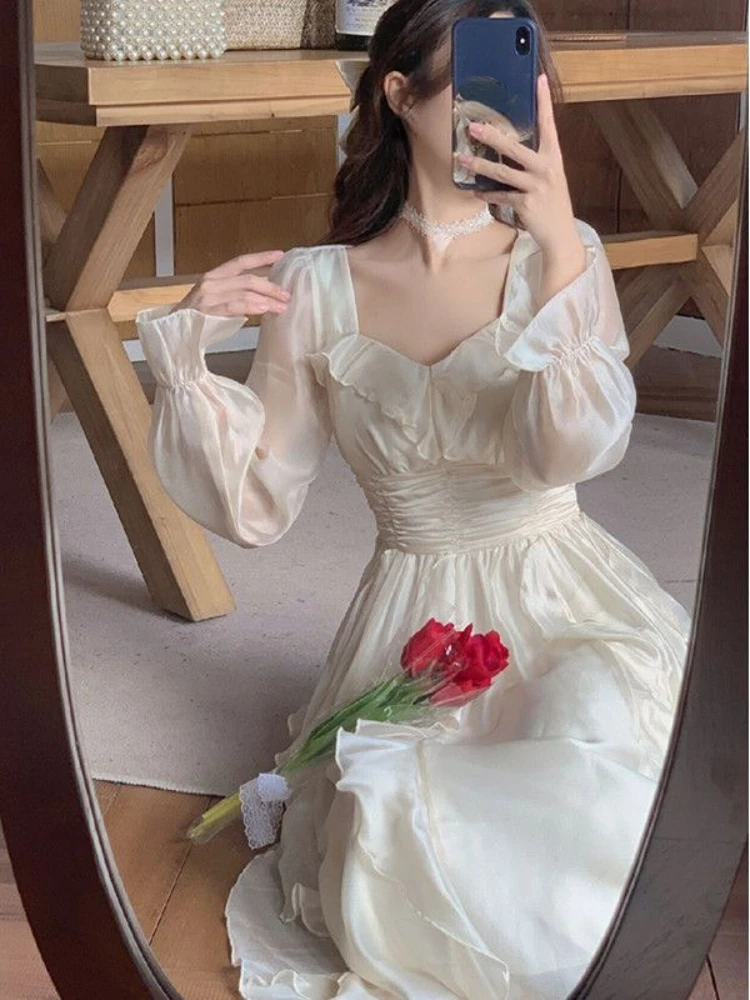 

Office Lady Casual Long Sleeve Vintage Midi Dress Women 2023 Summer Elegant Even Party Dress Beach Style One Piece Dress Korean
