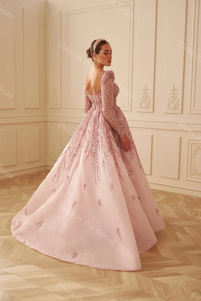 Stunning Pink Wedding Dresses Glitter Sequins Beads Long Sleeves Bridal  Gowns Arabic Sweep Train Customized Vestidos De Mariee - AliExpress 320