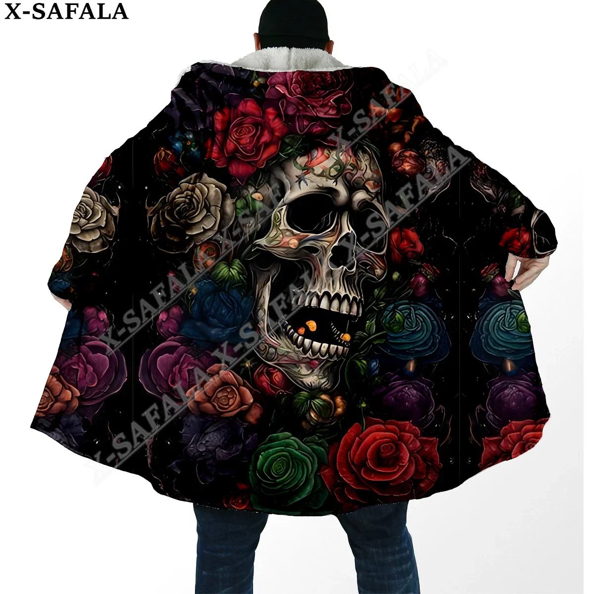 

Dark Love Deth Rose Skull Trippy 3D Print Dream Cloak Thick Warm Hooded Men Overcoat Coat Windproof Fleece Cape Robe Blanket-2