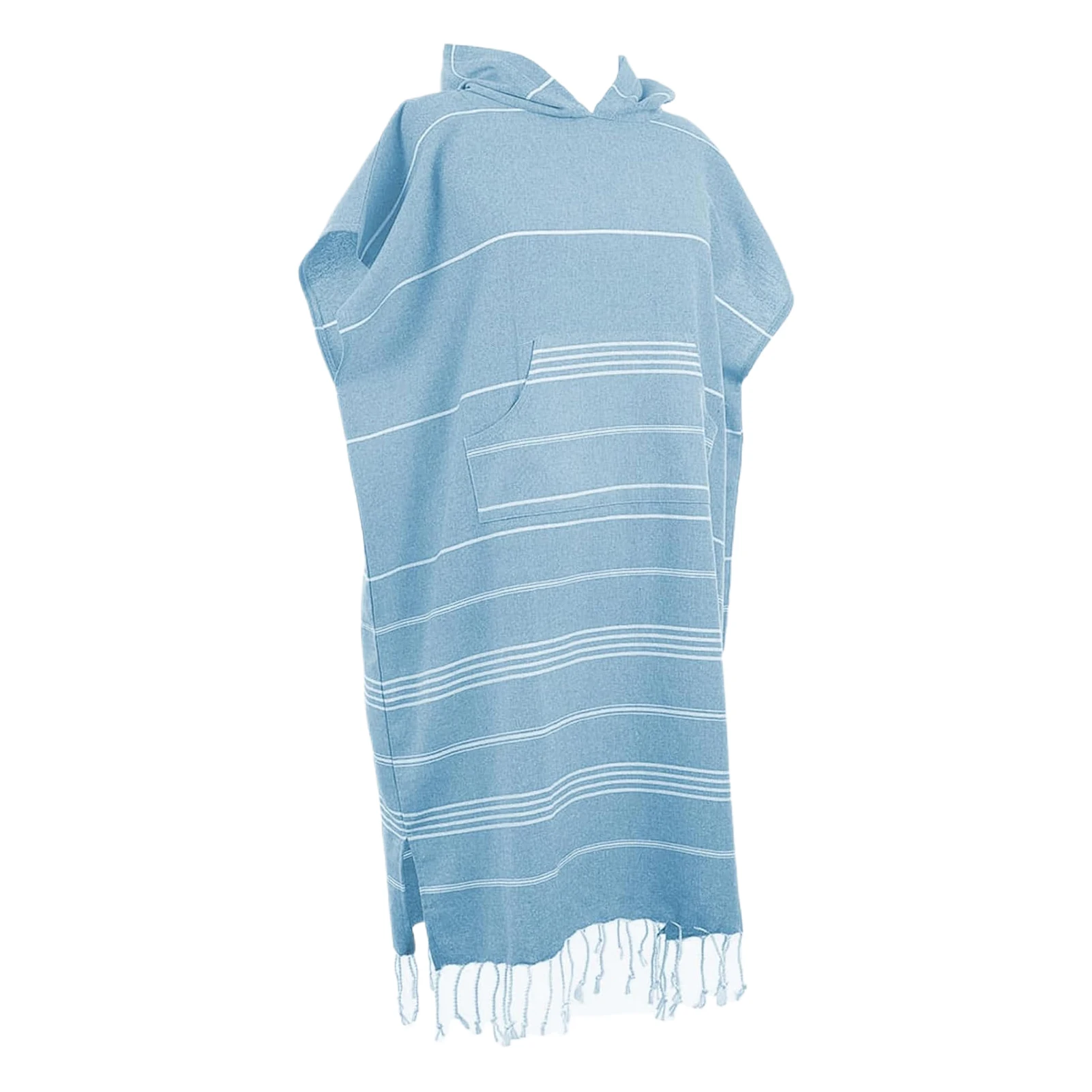 Large Turkish Cotton Poncho Towel - Wearable Changing Robe With Hood & Pocket For Beach, Surf, Pool (Blue, Size M)
