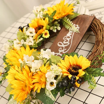 Spring Artificial Sunflower Wreath For Front Door Yellow Decorative Summer Floral Door Wreath Welcome Sign Wall Home Decoration 5