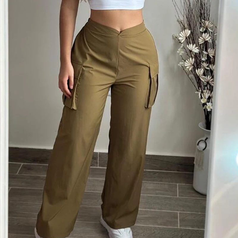

Female Casual Solid High Waist Trousers 2024 Spring Fashion Pocket Women Cargo Pants Summer Wide Leg Straight Sweatpant Harajuku