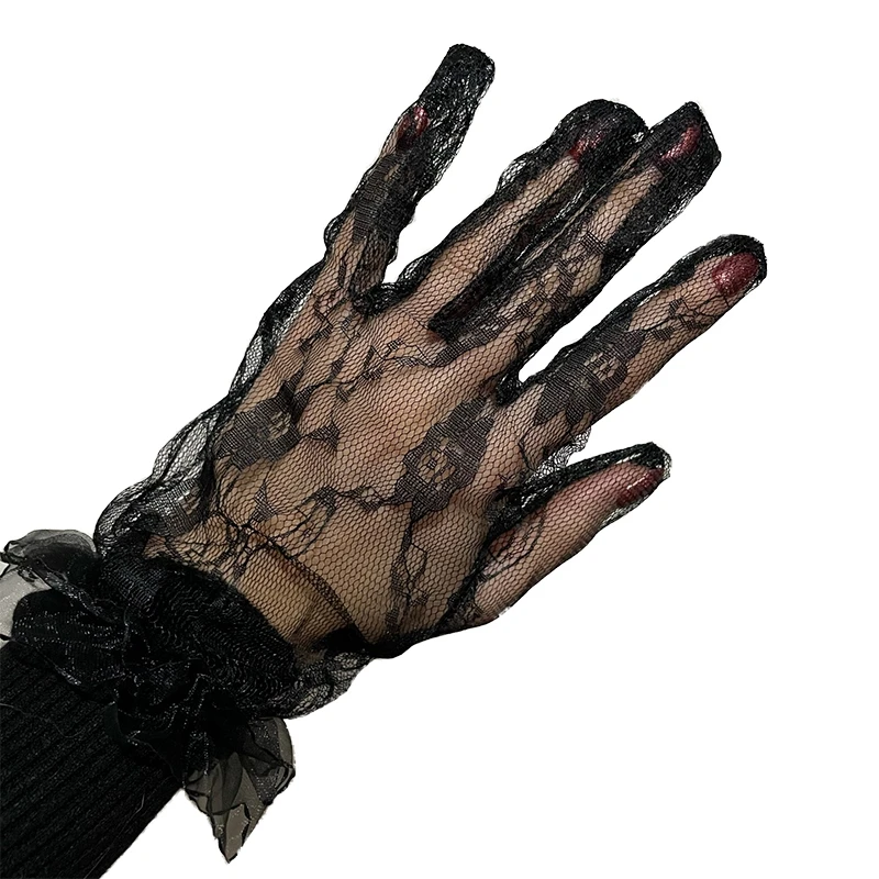 1 Pair Black Women Sexy Elegant  Mesh Gloves Bride Fashion Lace Gloves Mittens Party Sun Protection Wrist Length Driving Gloves