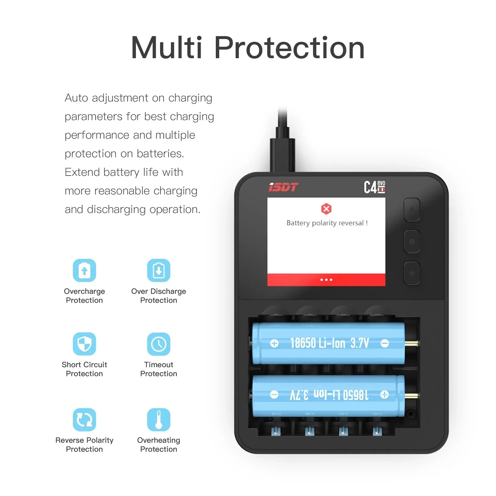 Интеллектуальное зарядное устройство ISDT C4 EVO с выходом Type-C QC3.0 для литий-ионной батареи AA AAA с экраном IPS и противопожарной защитой thumbnail 5