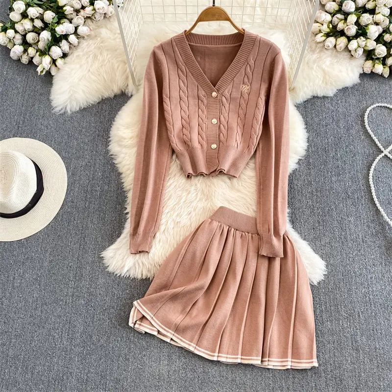 

Korean Style Two Piece Set 2023 Fashion Women's Autumn Winter V-Neck Single Breasted Knit Twists Coat Pleated Skirt Mini Z3412