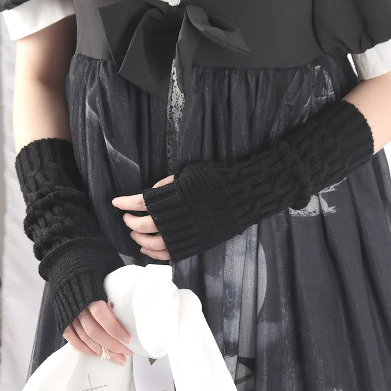 

Women Knitted Long Arm Warmer Fingerless Hand Gloves Winter Y2K Solid Sleeve Soft Girls Lolita Goth Mittens Black White Guantes