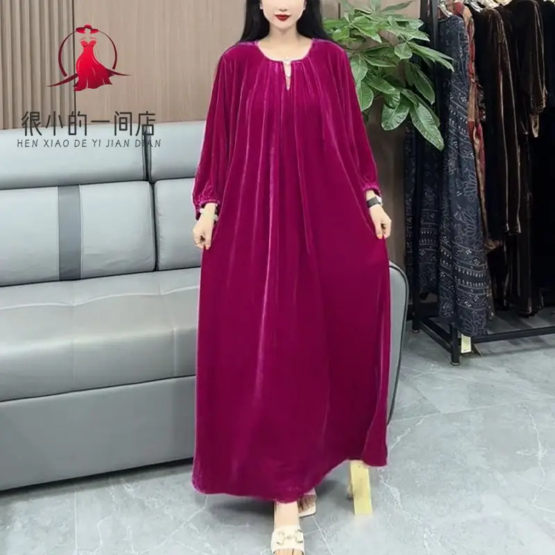 knee length dresses for ladies Loose fit soft velvet tunic dress with pockets