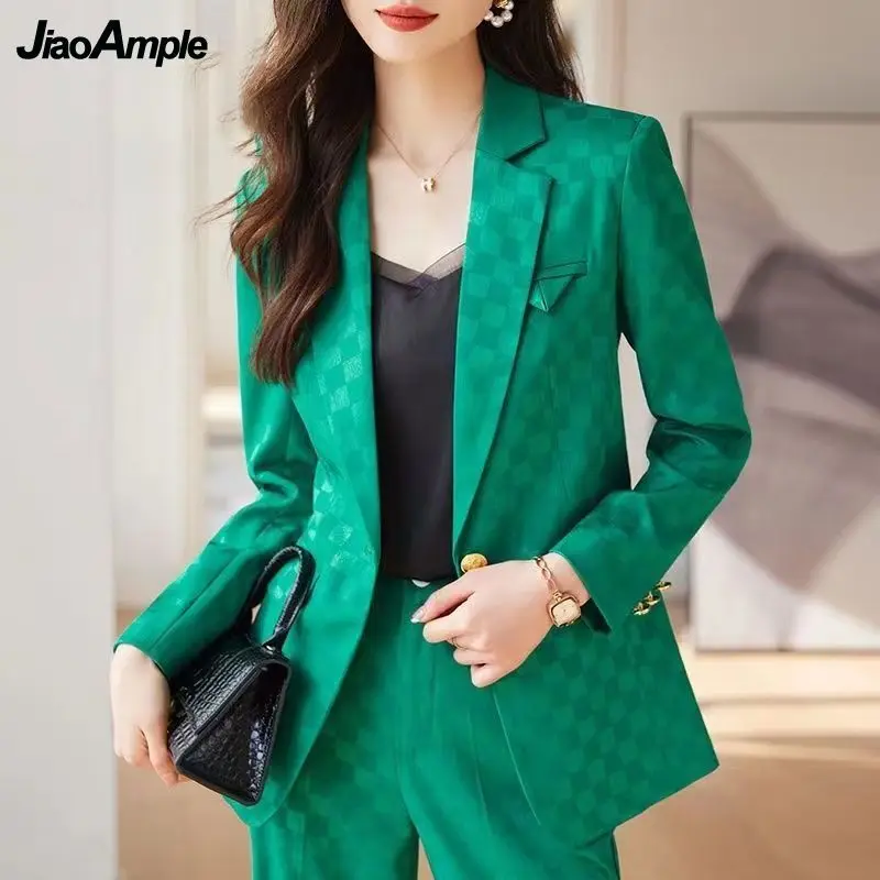 Women's Fashion Professional Wear 2024 Spring New Casual Checkered Blazers Jacket Matching Set Korean Elegant Suit Pants 2 Piece