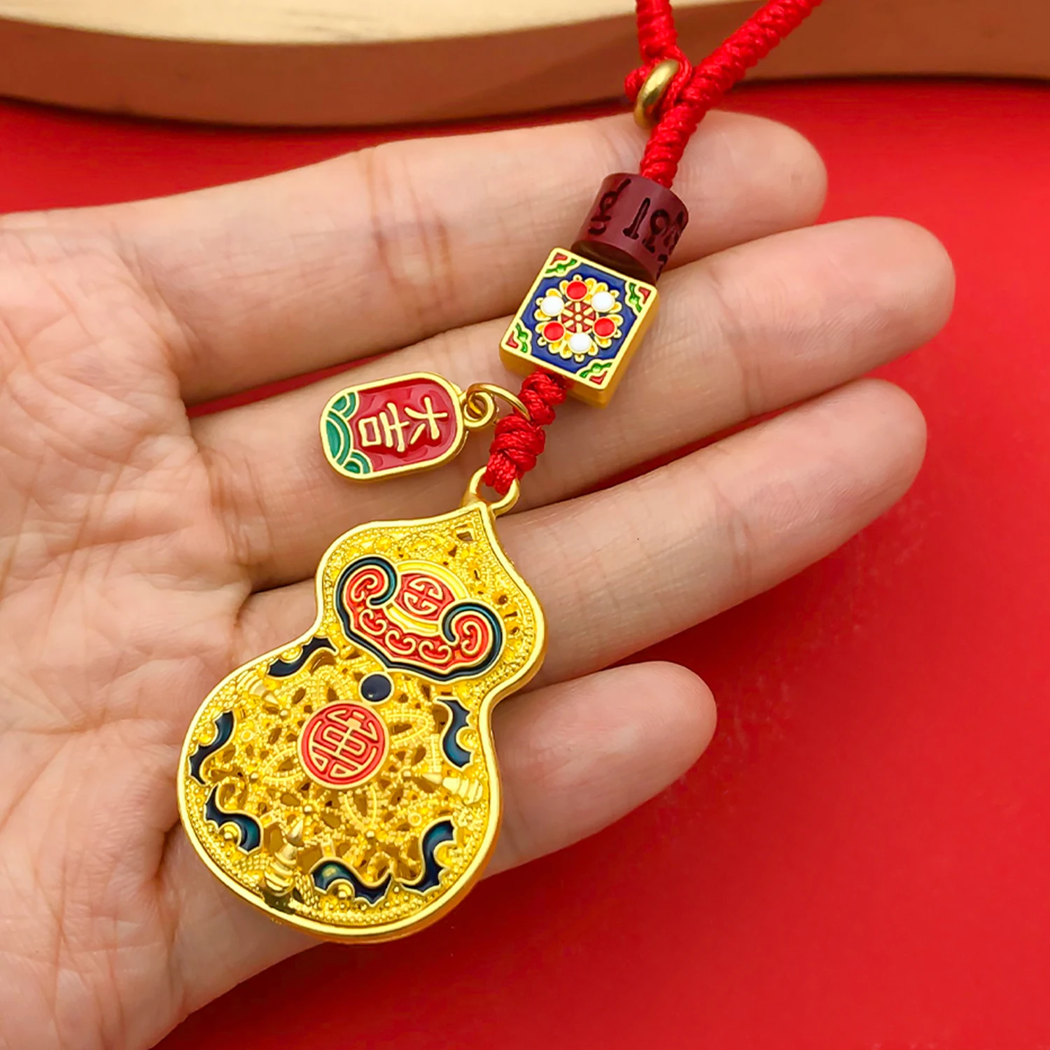 Drip-Painted Red and Gold Chinese Charms (Calabash & Fortune Lock) - Perfect for Jewelry Crafting