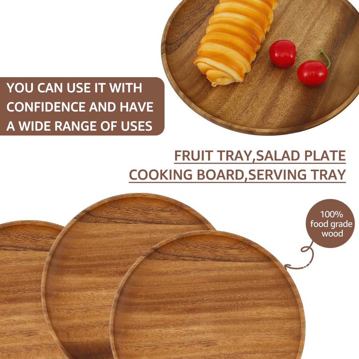 Round Wood Plates 20/24cm Acacia Wooden Tray Dinner Plates Simple Serving Dishes Snack Dessert Fruit Bread Soup Tableware