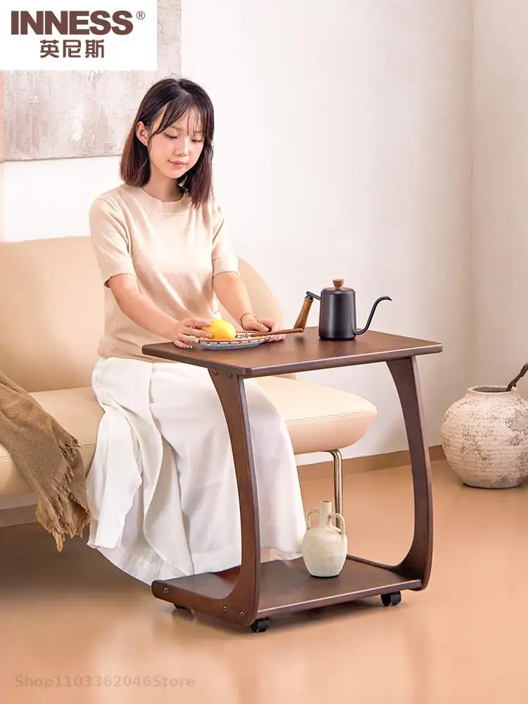 Solid Wood Side Table Sofa Side Cabinet Movable Table Living Room Mini Coffee With Wheels Simple Small Apartment Bedside