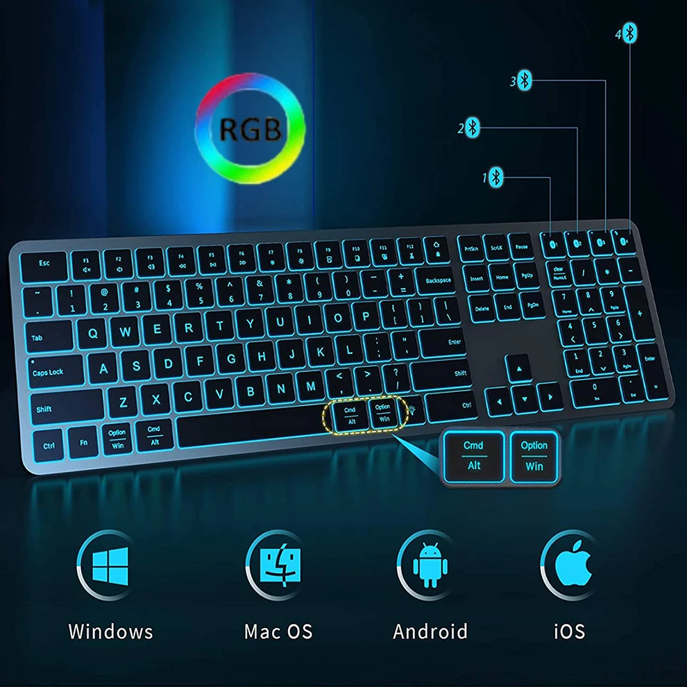 Backlit gamer keyboard bluetooth multiple devices full size
