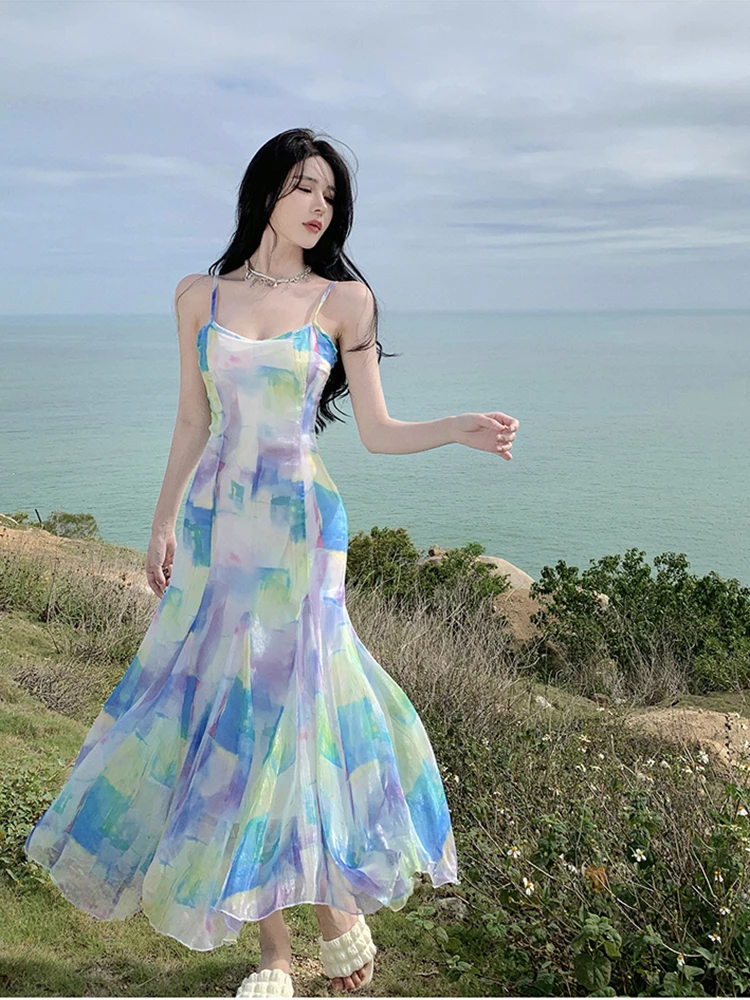 

Women Summer Dress Korean Version Sexy Temperament Seaside Vacation Long Waistband Slim Printing Chiffon Suspender Dress D4417