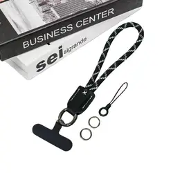 Stylish Braided Phone Lanyard with Leather Accents - Durable Outdoor Wrist Strap (Black and white)