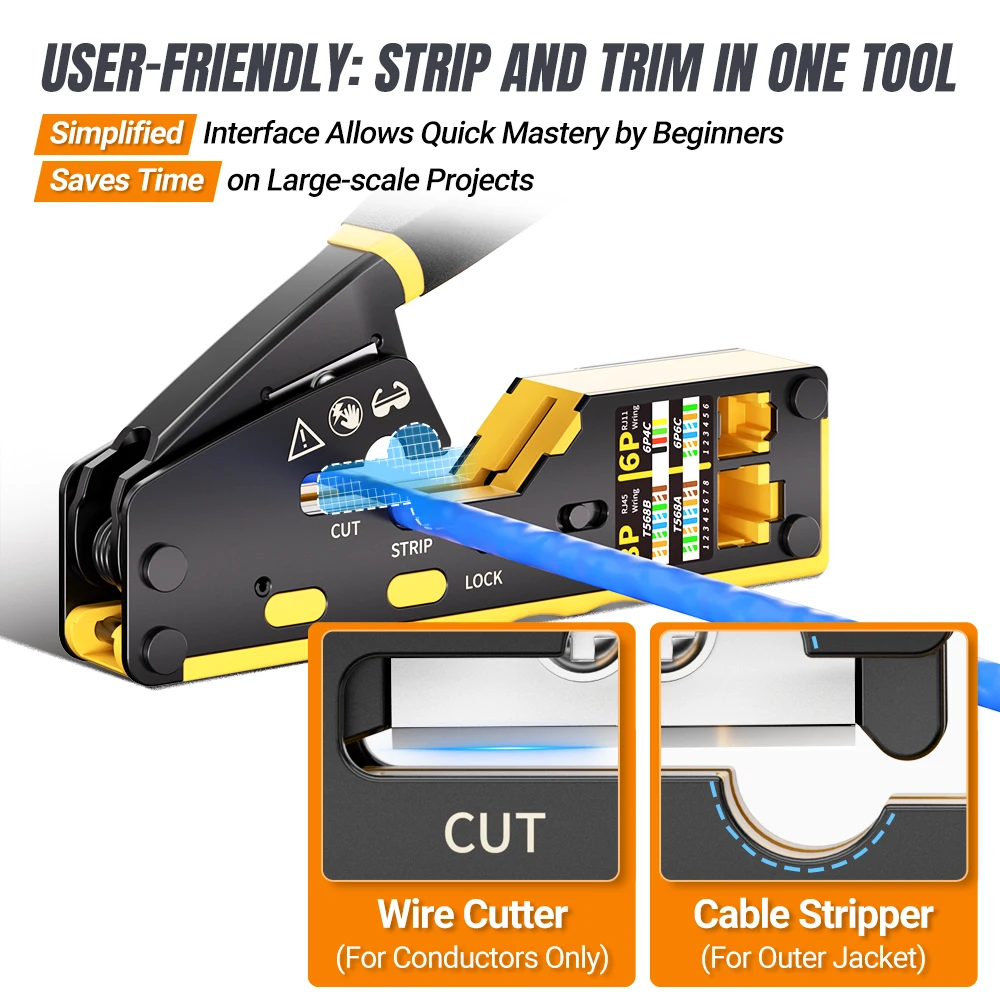 AMPCOM RJ45 network crimper Pass Through Multifunction Ethernet Crimping Pliers Crimp/Cut/Strip for LANTEL(RJ11/CAT5E/6 UTP STP