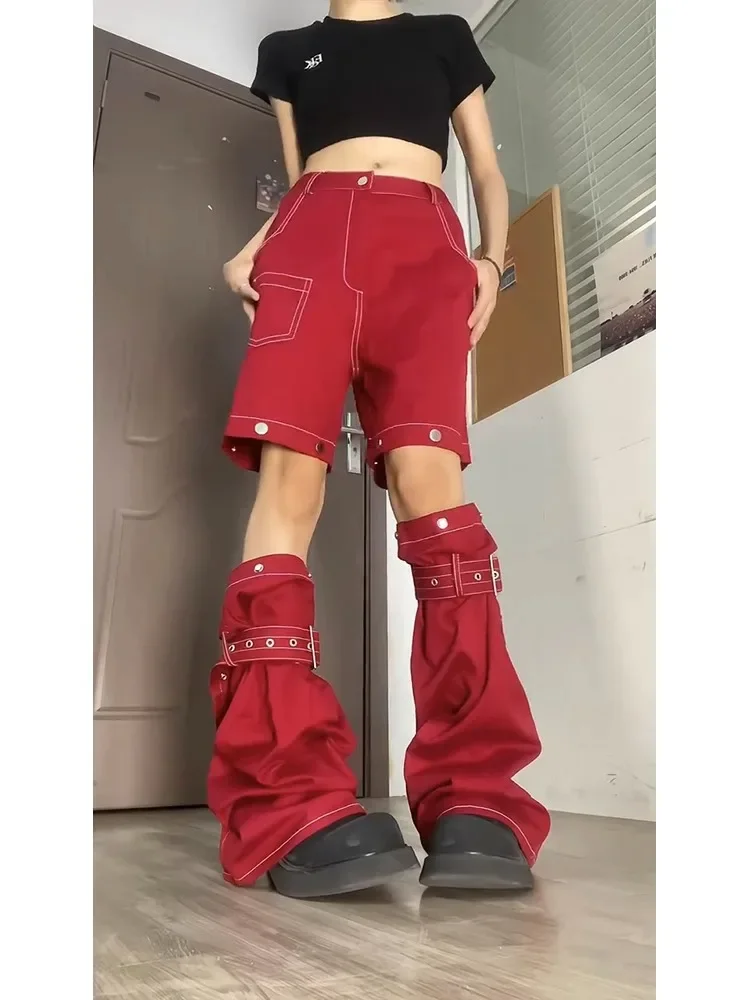 Women's American Red Work Jeans New 90S Spicy Girl Y2K Design Feel Detachable Loose Relaxed Wide Leg Long Pants