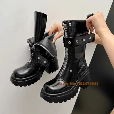 

New Round Toe Cowhide Thick Sole Boots Fashion Patent Leather Front Zipper Metal Decoration High Heel Mid Boot Women's Boot