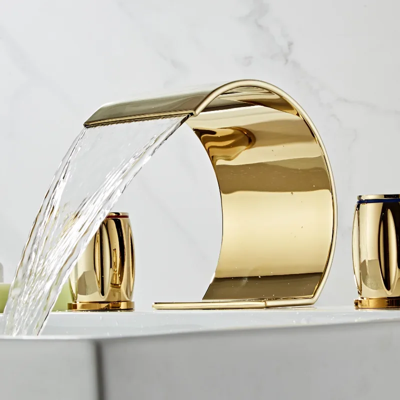 Description Picture 6 of itemBasin Faucets Total Brass Gold Deck Mounted Bathroom Sink 3 Hole Double Handle Hot And Cold Waterfall Faucet Water Tap