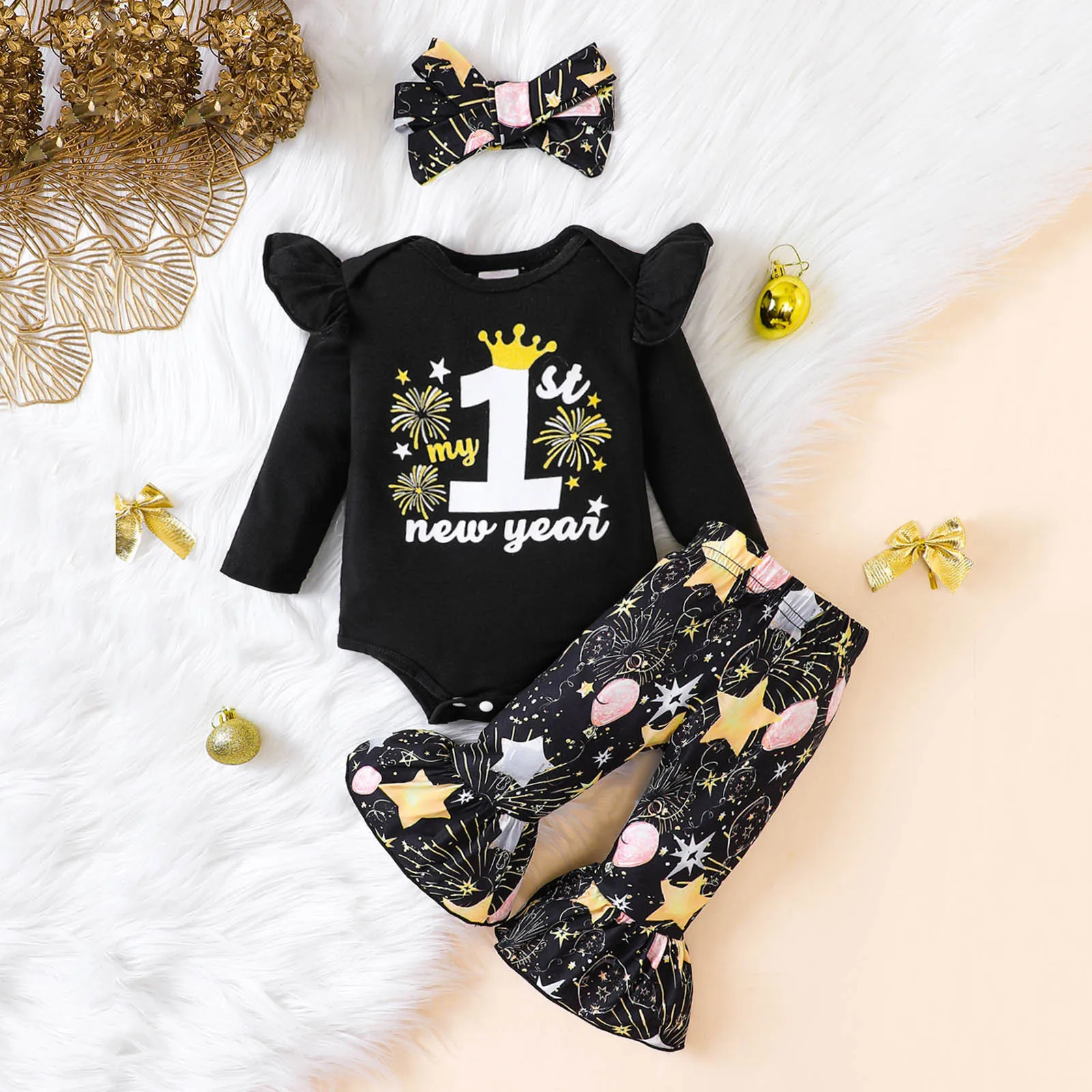 

Baby Girls Autumn Winter Clothes Sets Long Sleeve Letter Prints Romper Pants Headbands 3PCS Outfits New Year Clothes Sets 0-24M