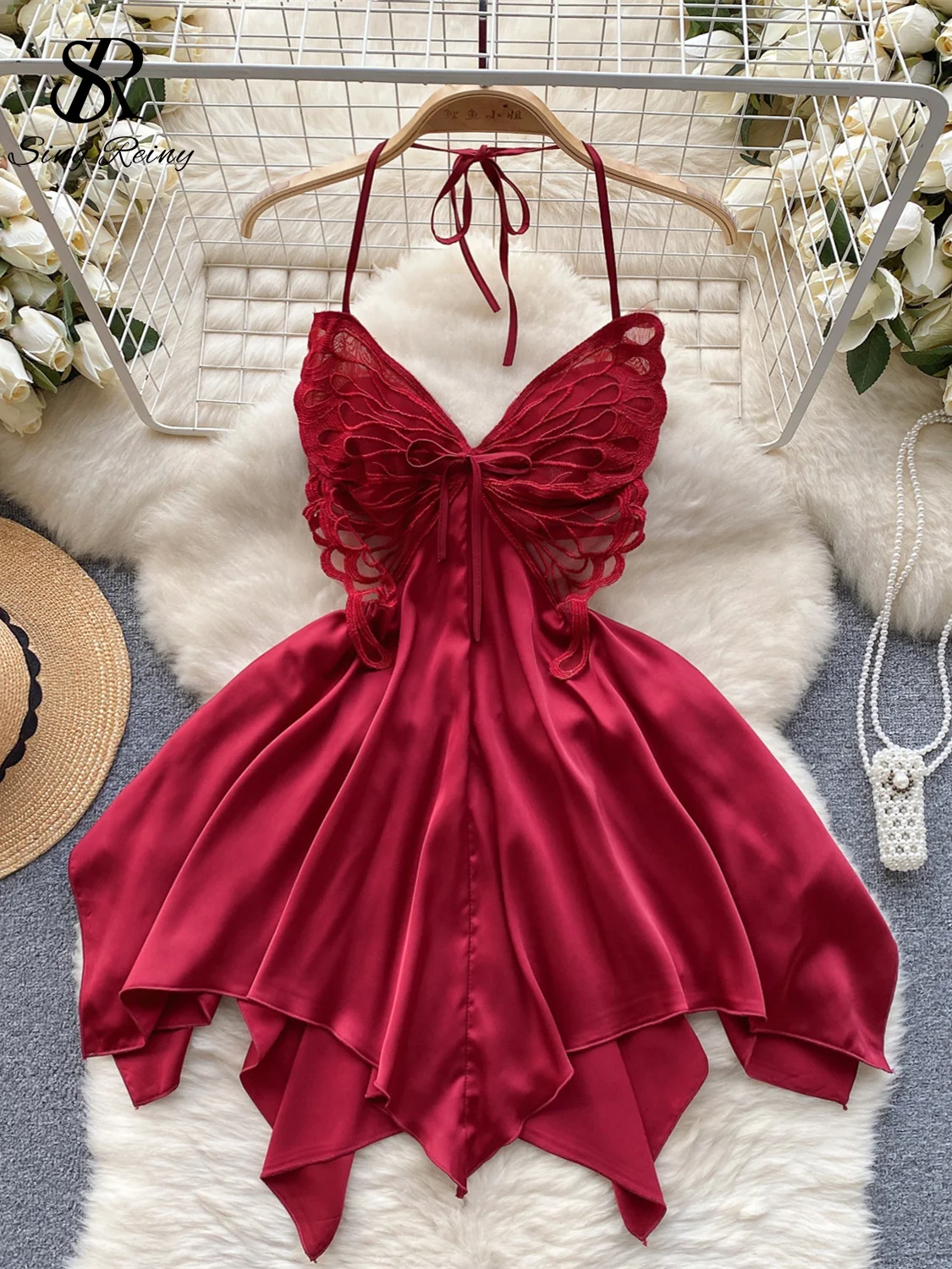 SINGREINY Butterfly Lace Christmas Sexy Pajamas Women Halter Splice  Backless Bodydress Irregular Hotsweet Erotic Porn Slim Dress