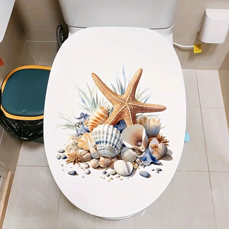 Blue Shell Starfish Home Toilet Cover Sticker Creative Bathroom Sticker Waterproof Reusable PVC for Bathroom Decor vinyl stickers,toilet stickers,toilet wall stickers,toilet seat stickers