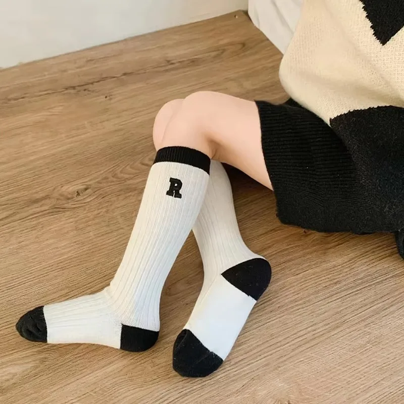 Spring Autumn Baby Cotton Kids Floor Sport Stockings New Korean White Black Striped Knee High Long Socks for Children Clothes