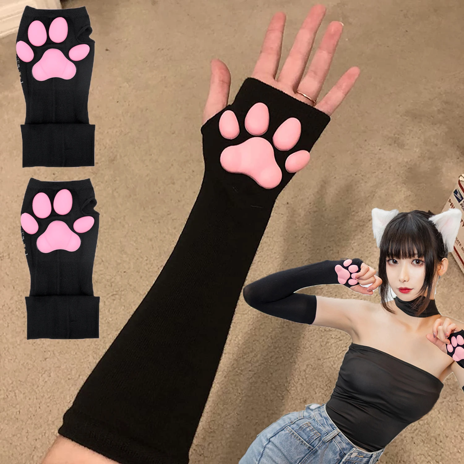 3D Cat Pad Paw Sleeves Sun Protection Cute Kitten Cat Paw Sexy Lolita Cosplay Arm Sleeves Cat Meat Cushion Gloves Sun Sleeves 3d cute cat claw sunscreen sleeve sun protection gloves kawaii cat claw fingerless sleeves lolita cosplay mitten accessories