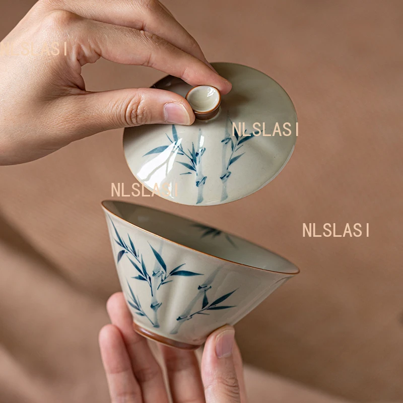 1pcs 120ml Ceramic Tea Lid Bowl Hand Drawn Bamboo Cup Made of Wood Ash Chinese Household Kung Fu Tea Set Drinking Utensils