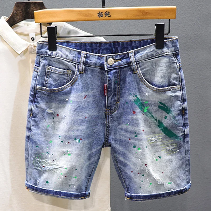 Men Fashion Denim Shorts Jeans New Summer Male Blue Ripped Jeans Shorts High Quality Man Paint Splash Technology Denim