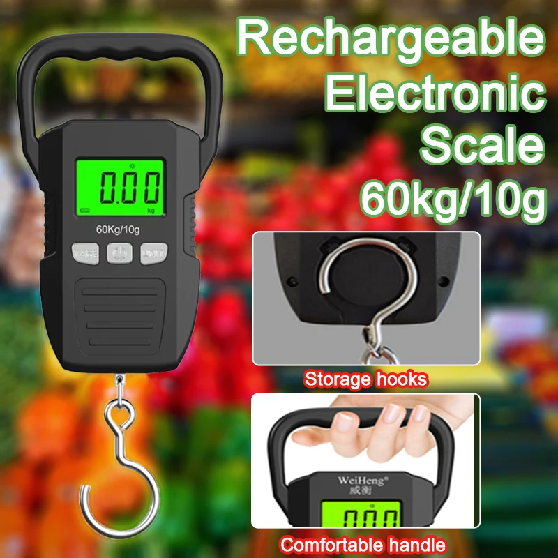 60kg/10g Electronic Portable Scale Rechargeable Digital Hanging Scale Anti Shake High Precision Multi-Purpose Weighing Tool