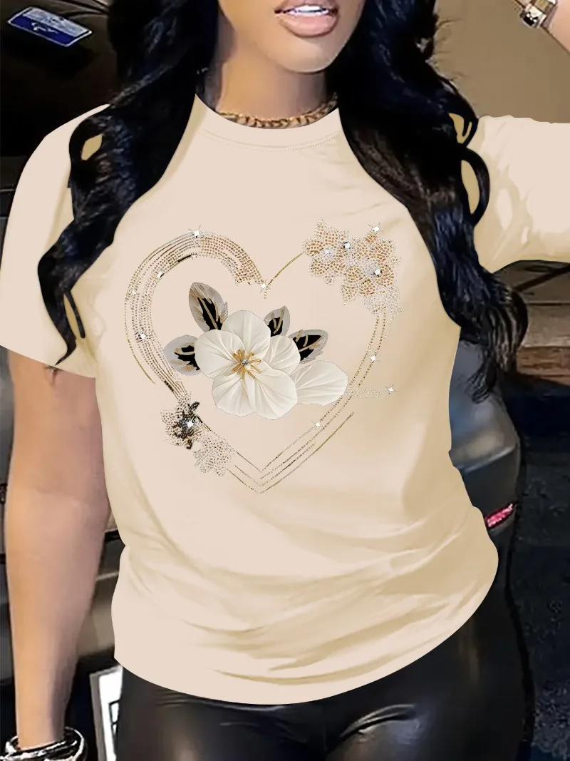 Women's Casual Short Sleeve T-Shirt Comfort Fit with Heart Floral Print Simple Design Showing Natural And Elegant Style S3440f0a04eaf4b738017c835e9e0fbf5H
