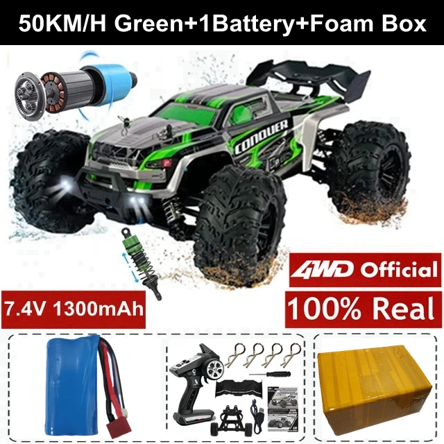 4WD RC Car 4x4 Off Road Drift Racing Cars 50/ 80KM/h Super Brushless High Speed Waterproof Truck Remote Control Toy Kids Adults - 50KM Green 1Battery
