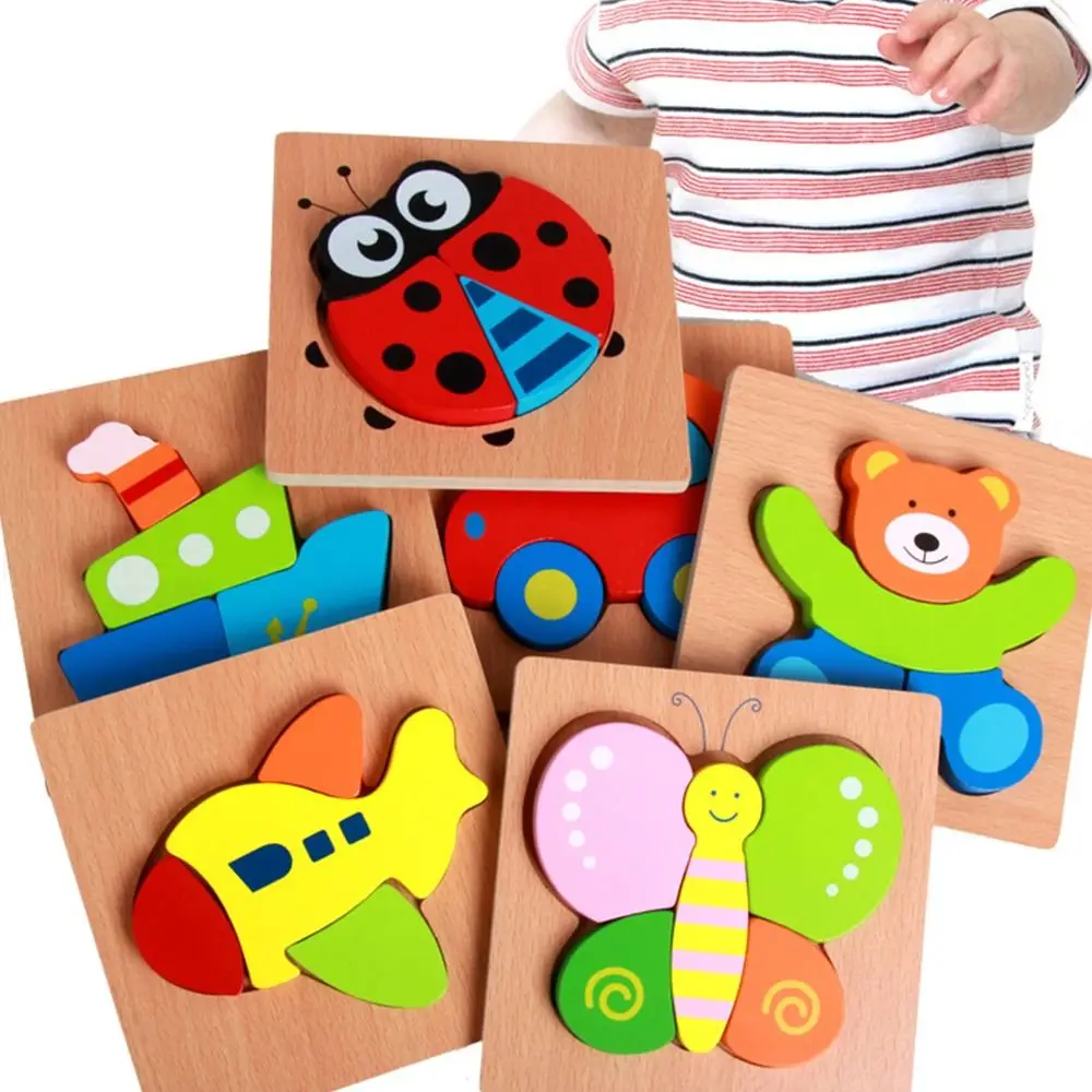 

Different Shapes Animal and Vehicle Puzzles Puzzle Board Cartoon Bear 3D Wooden Puzzle Airplane Butterfly Toddlers