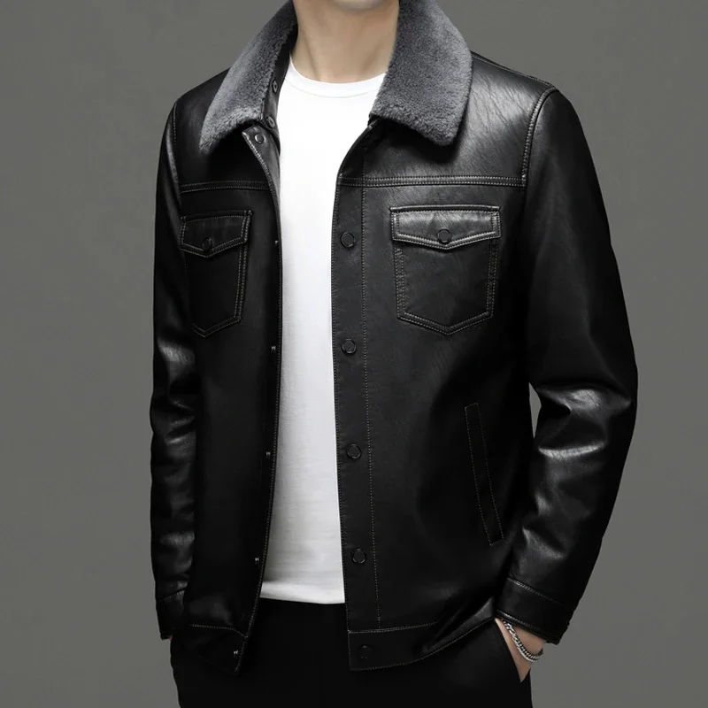 thumbnail image 1 of Abrigo de invierno de cuero para hombre, chaqueta con cuello de piel de cordero desmontable y solapa, para ocio y abrigado, 1 of 4