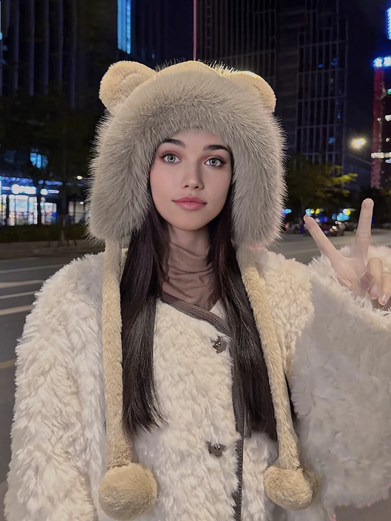 A Winter Cute Bear Ear Warm Hat Women Plush  Beanie Hat Girls Windproof  Cap 5