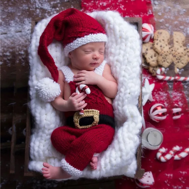 

❤️Newborn Photography Christmas Clothing Knit Hat+Suspender 2Pcs/set Baby Photo Props Accessories Santa Claus Costume Outfits